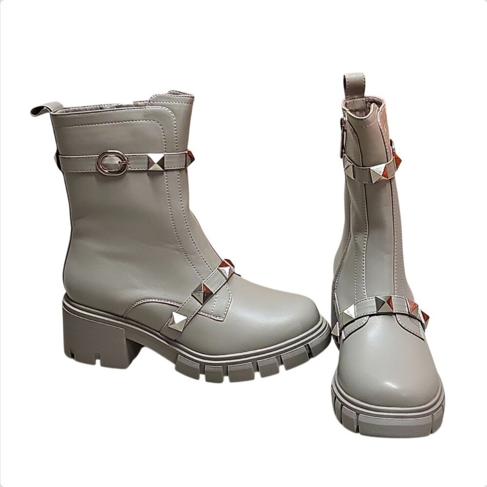 Studded Gray Combat-Style Ankle Boots With Chunky Block Heel And Side Zipper Clo
